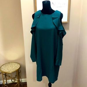 Mud Pie dress, dark green, long sleeve with cold shoulders, size medium.